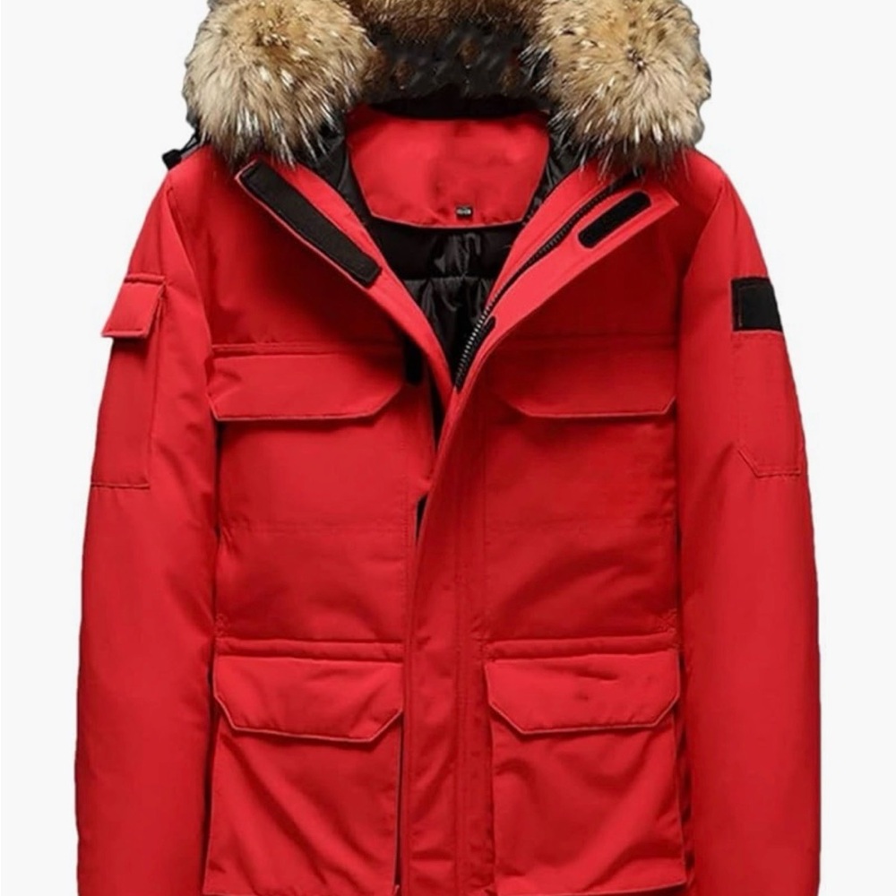 Amazon Women's Red Puffer Jacket with Fur Hood